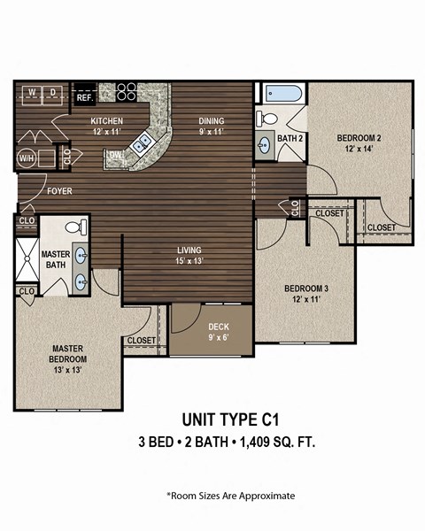 Floor plan for 3 beds, 2 baths, 1409 sqft